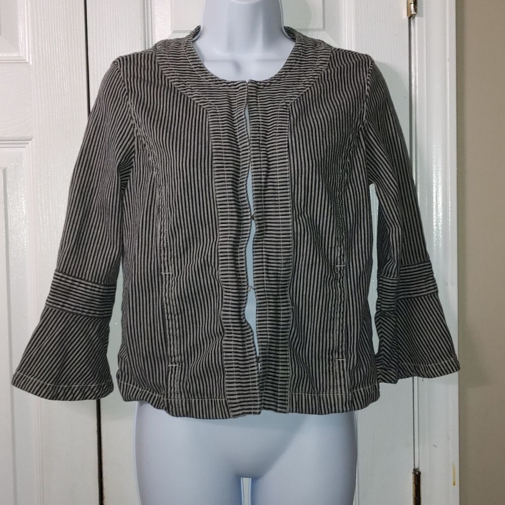 Live a Little black whote striped denim jacket  Sz M